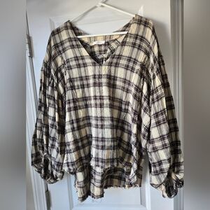 Plaid V-Neck Blouse in Cream and Brown